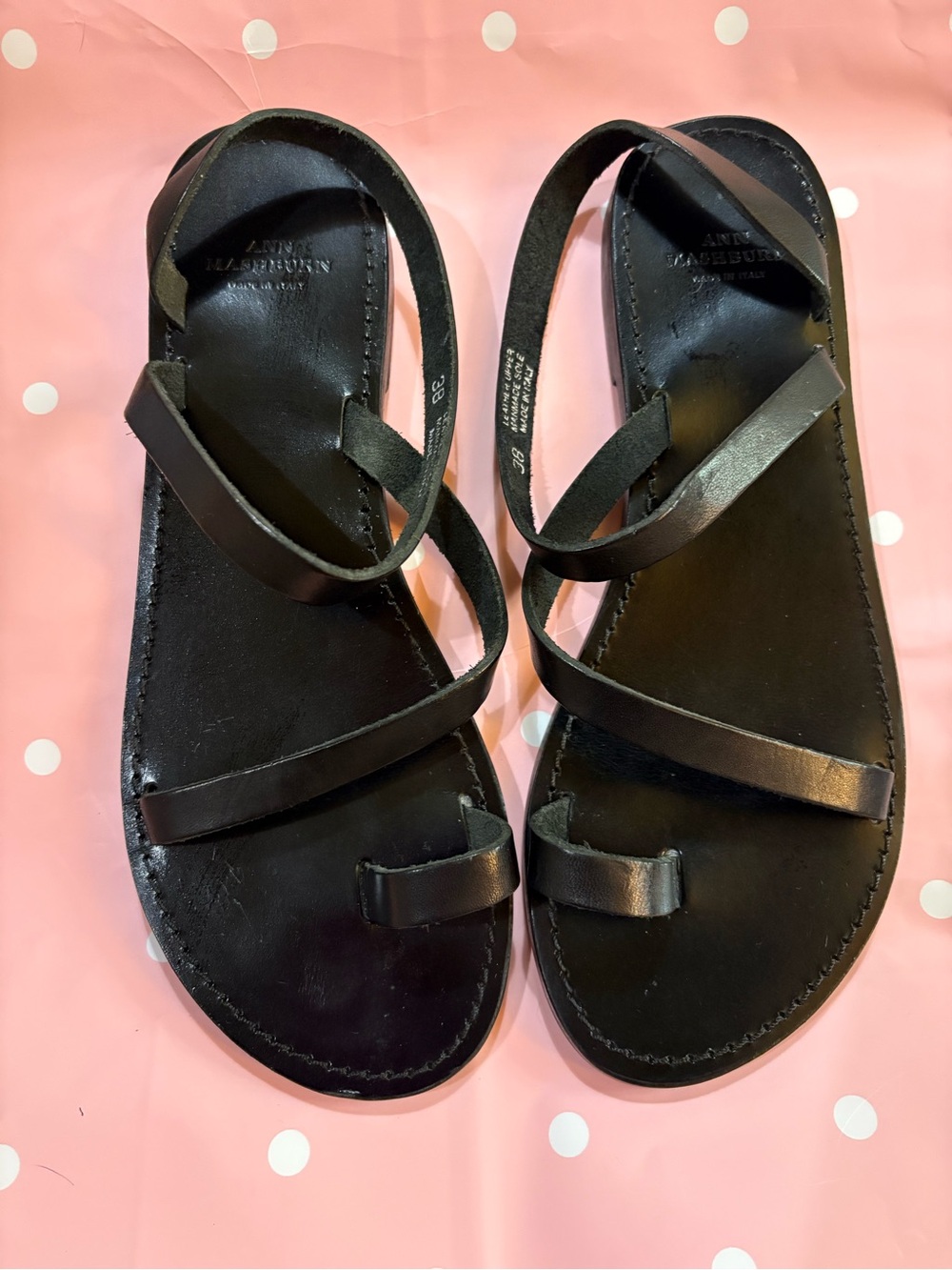 Black Leather Strappy Sandals by Ann Mashburn.Size 38